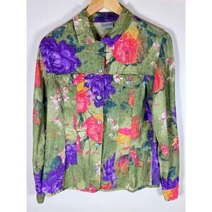 VTG 90s Womens 100% Linen Jacket Shirt Floral Chicos Cottage Coastal Medium